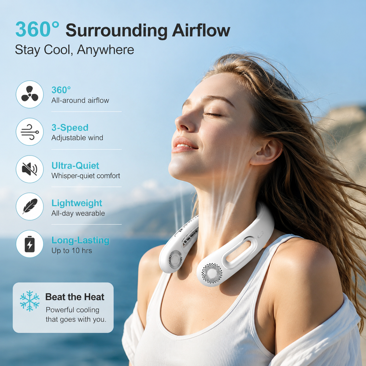 Bladeless Neck Fan Portable Rechargeable 4-Speed 360 Degree Cooling Fan