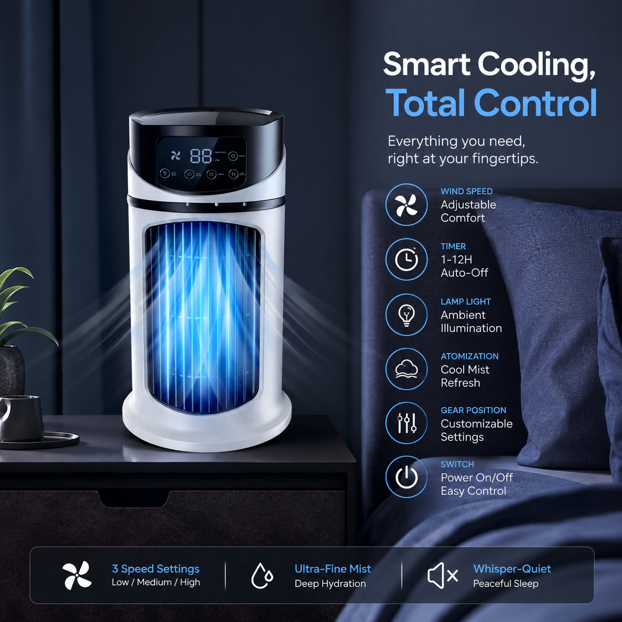 Portable Air Conditioner Desk Fan Humidifier Timer Quiet Air Cooler