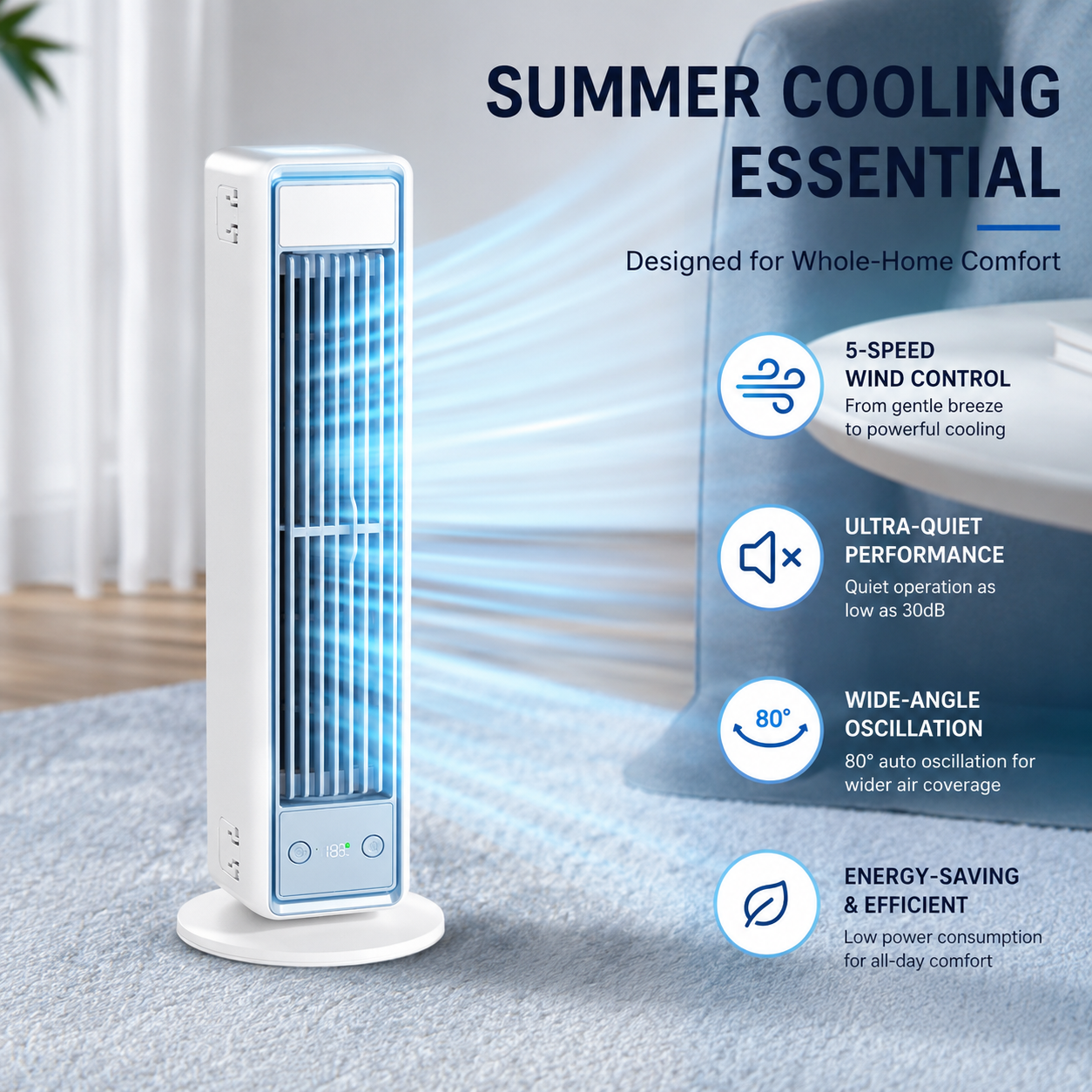 Bladeless Tower Fan, Rechargeable Oscillating Desktop & Wall-Mount Cooling Fan with Remote