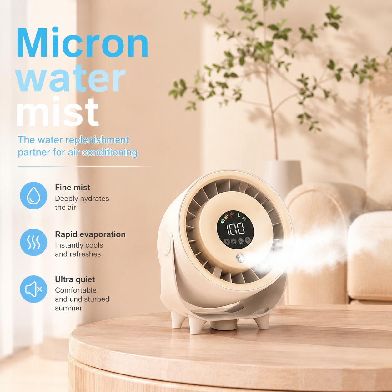 Portable Misting Fan Digital Display Quiet Cooling Humidifier Wall Mount