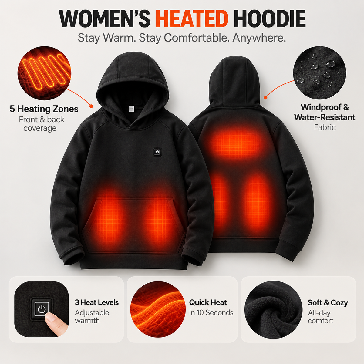 Women's Heated Hoodie Rechargeable USB Warm Sweatshirt
