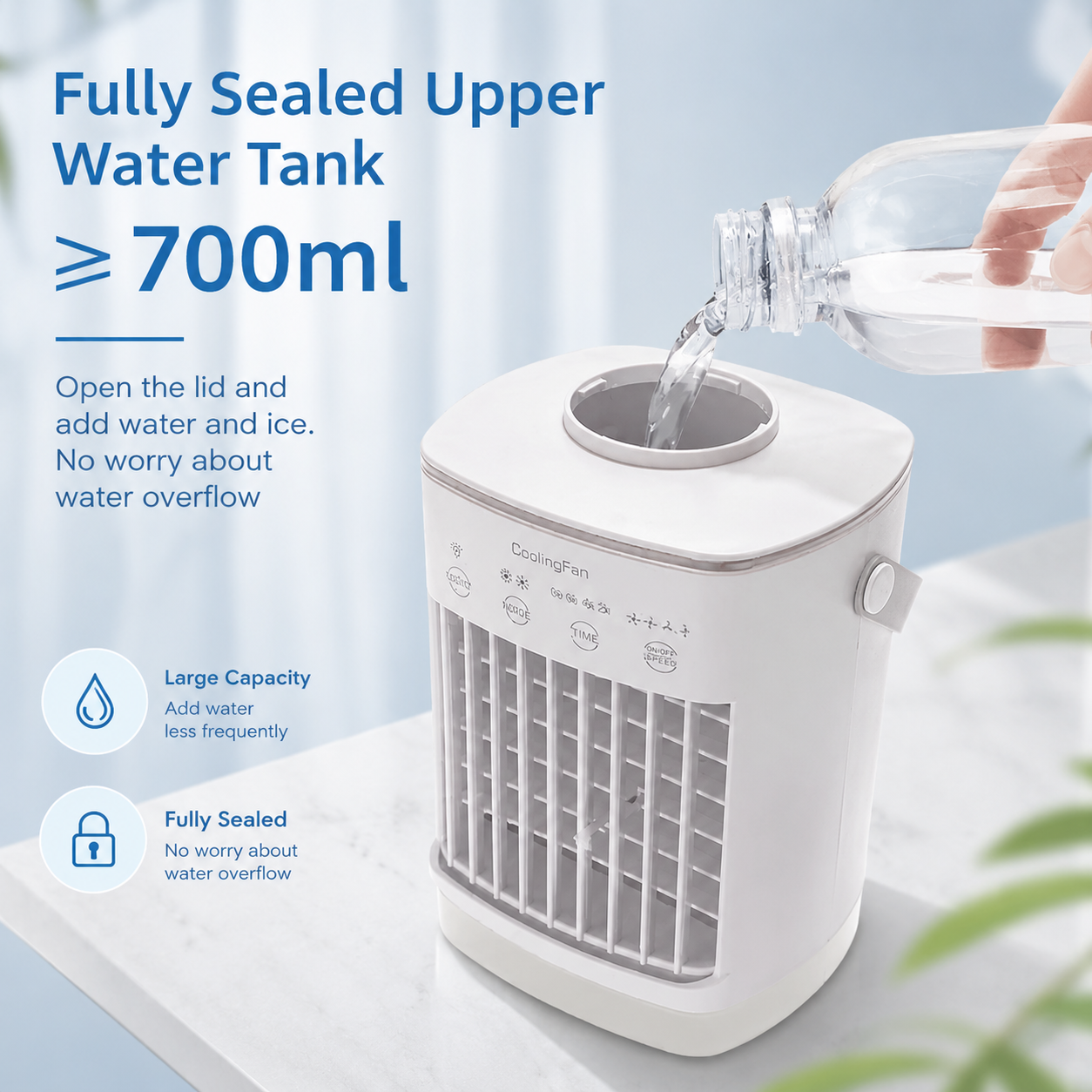 Portable Air Conditioner Humidifier Table Fan with 700ml Tank USB Timer RGB