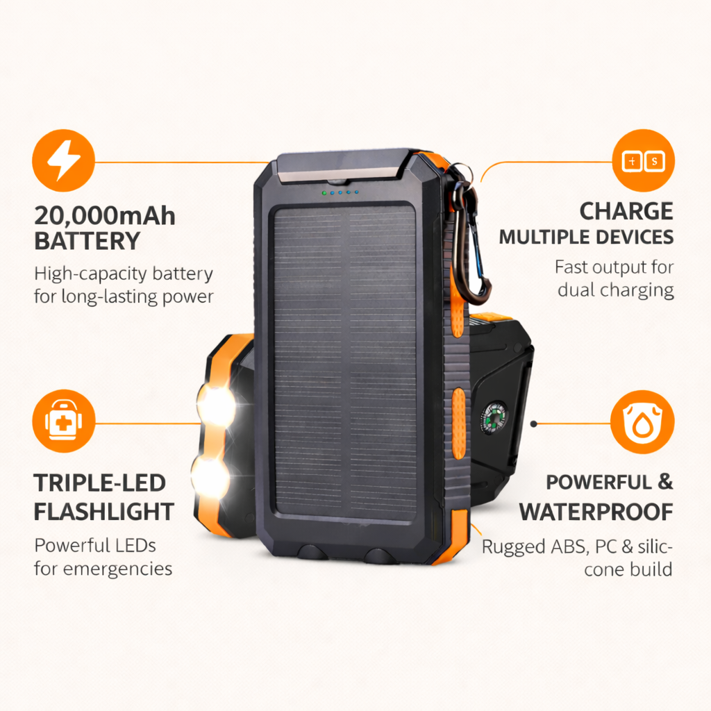 Portable Solar Power Bank 20000mAh External Battery Charger Fast Charging