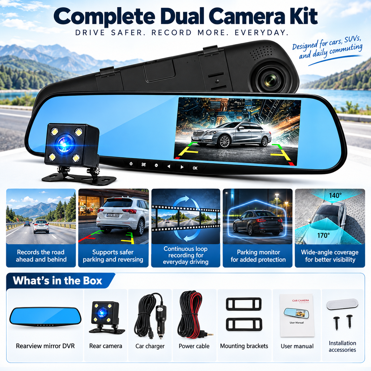 Dual Lens Dash Cam Front and Rear 1080P HD Car Camera Recorder