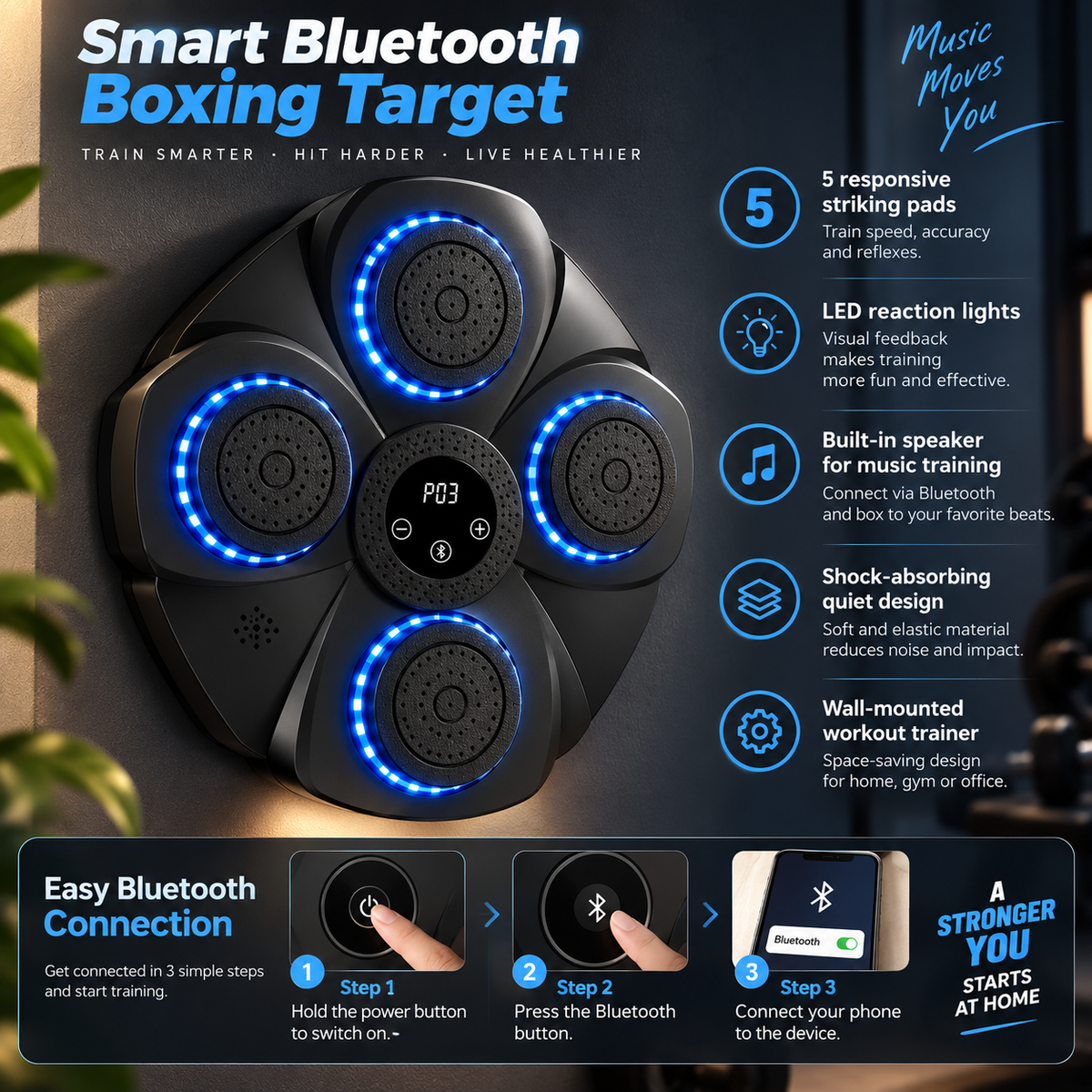 Music Boxing Machine Smart Punching Pad with Targets and Bluetooth