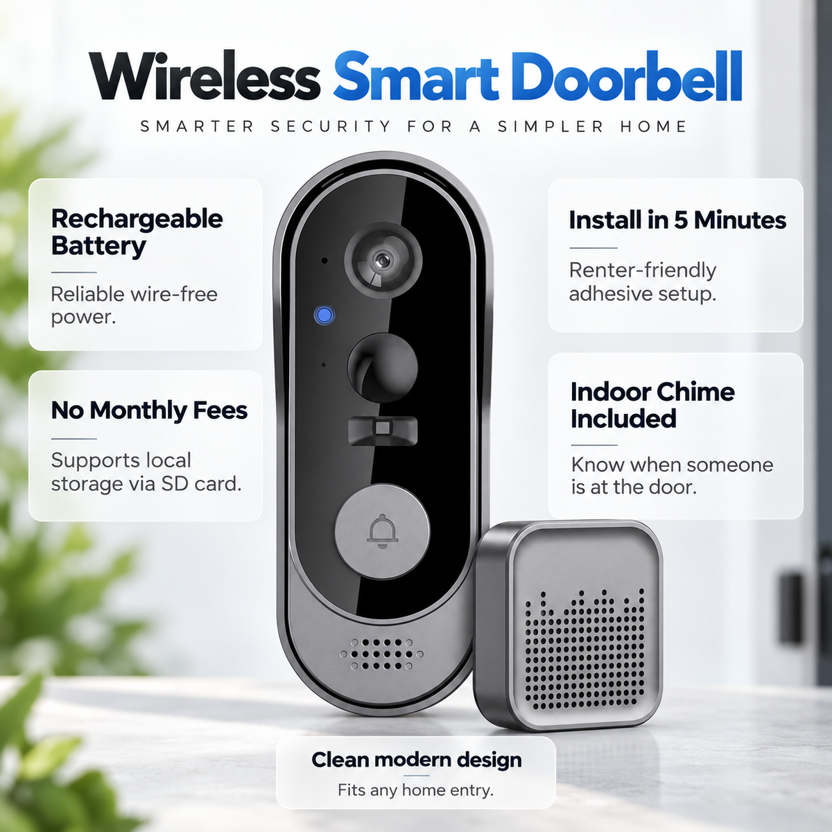Wireless Video Doorbell Easy Install No Subscription