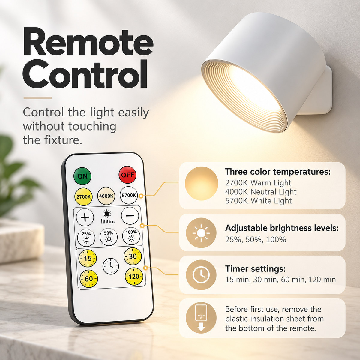 Wireless Rechargeable Wall Light 360 Rotating LED Touch Control
