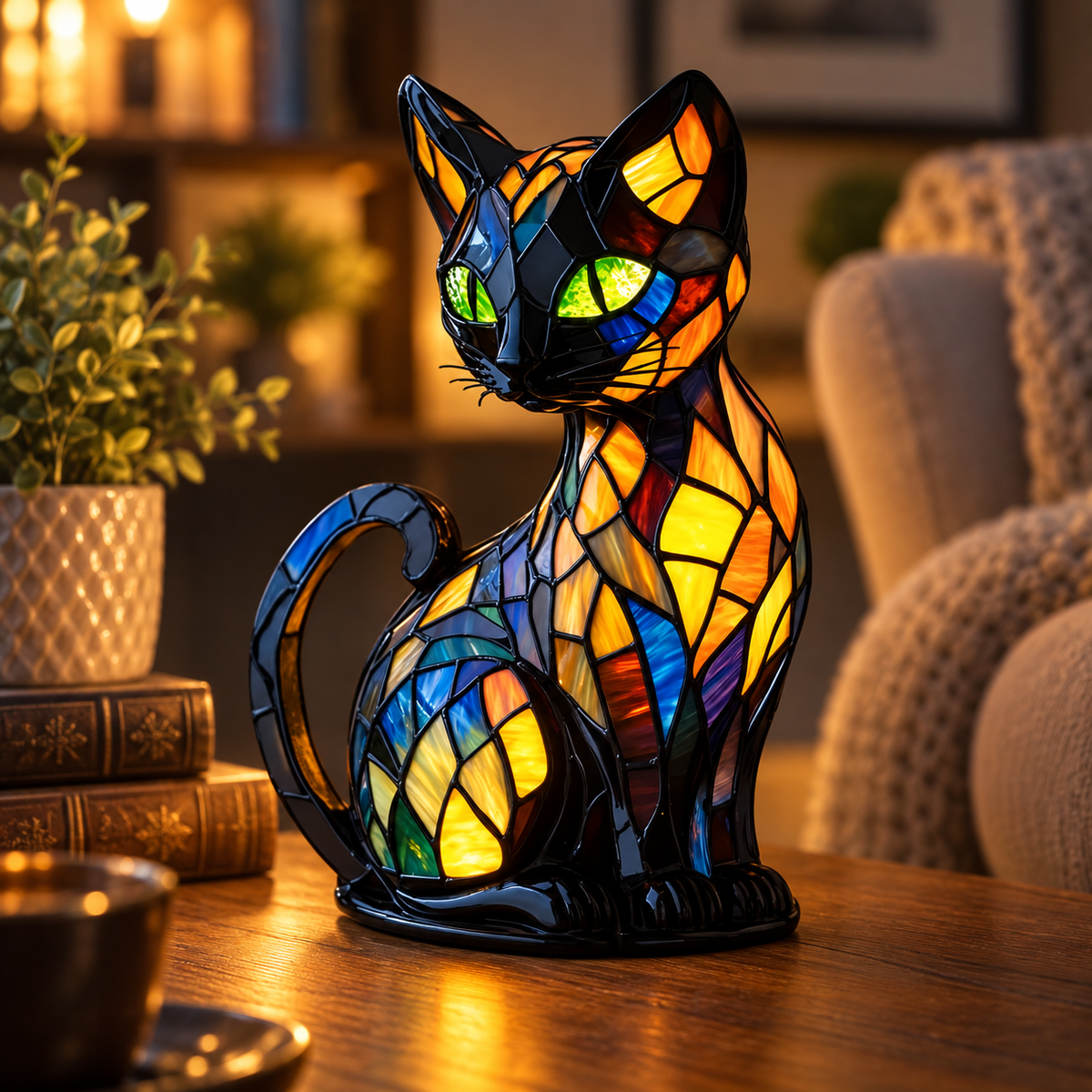 Handmade Cat Table Lamp Colour Changing Glass Light