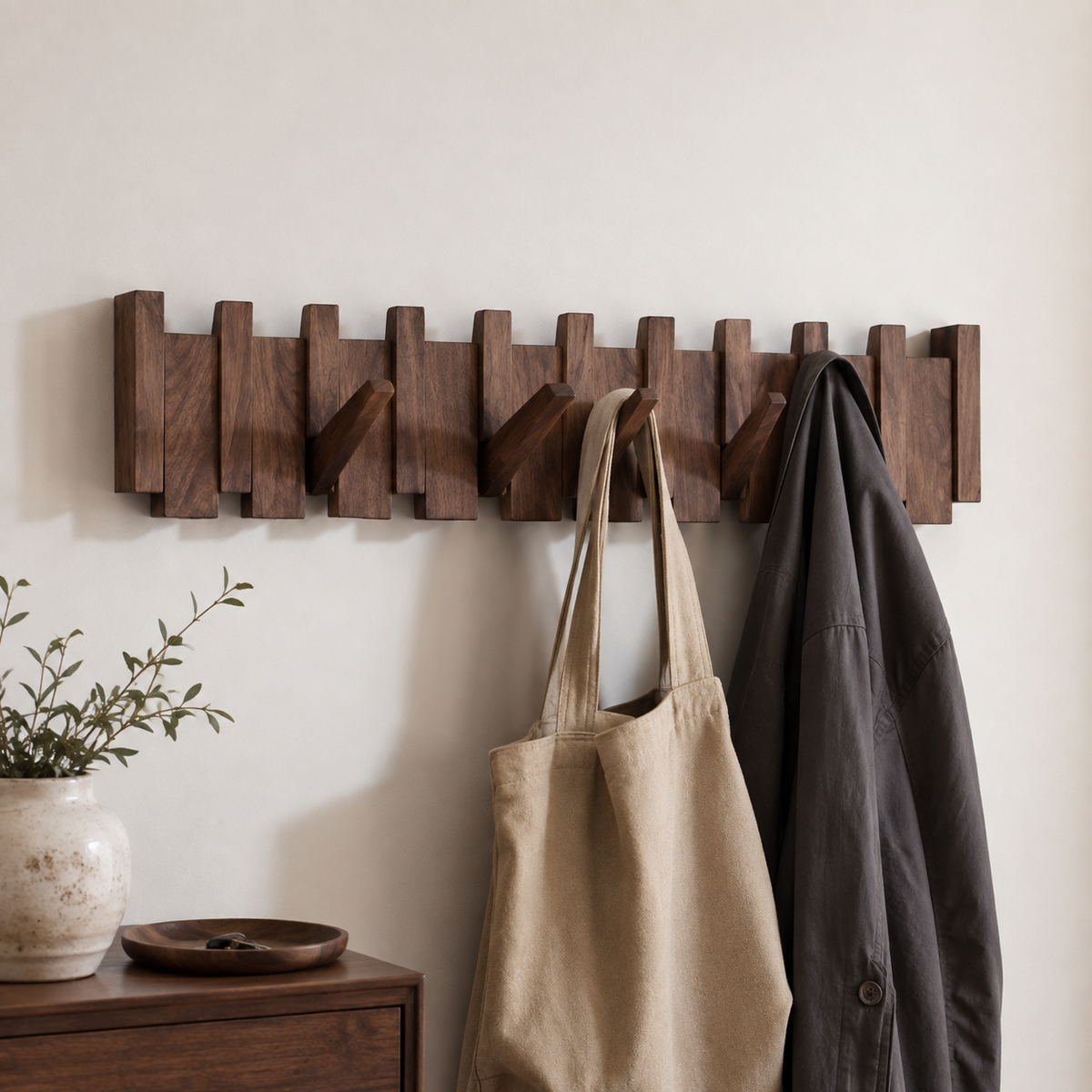 Wooden Coat Rack Wall Mounted Piano-Style Hooks
