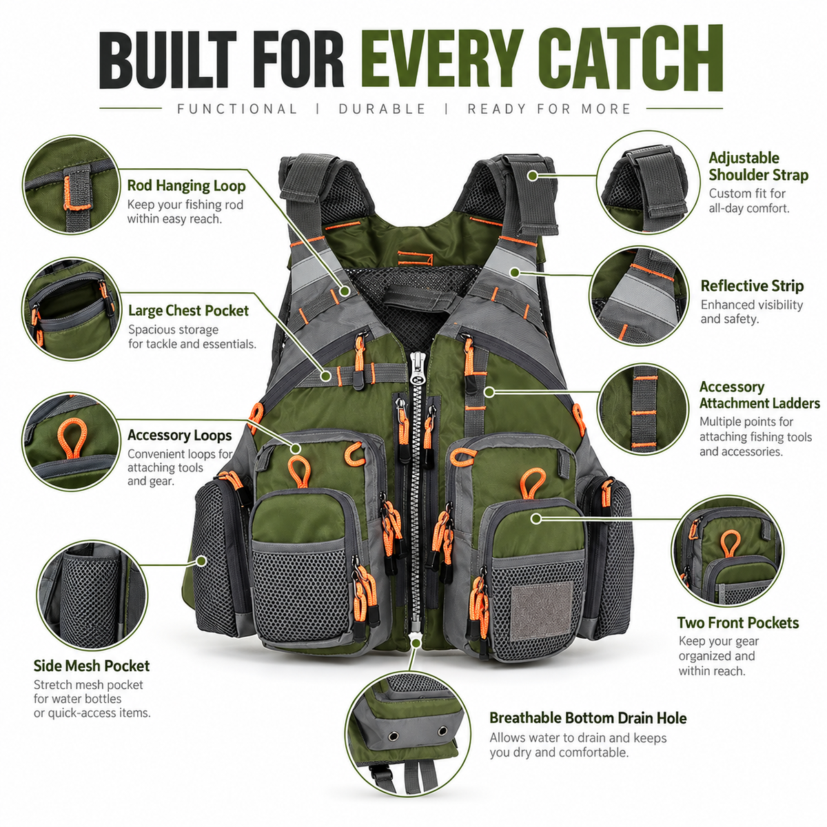 Sport Fishing Life Vest Buoyancy Aid with Multiple Pockets