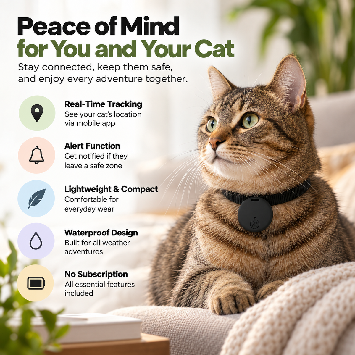 GPS Cat Tracker Waterproof Lightweight No Subscription