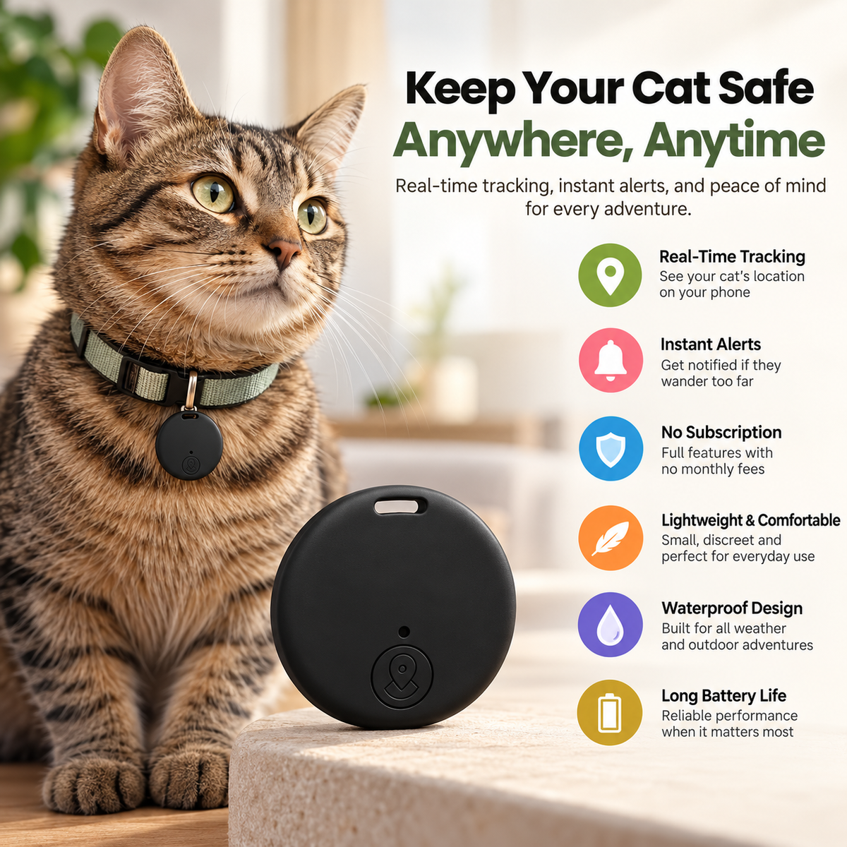 GPS Cat Tracker Waterproof Lightweight No Subscription