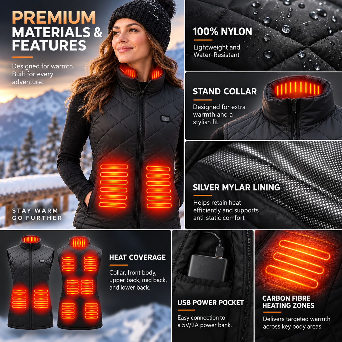 Womens Heated Gilet 9 Zones USB Rechargeable Lightweight Vest