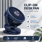 Rechargeable Clip-On Portable Desk Fan 4-Speed Quiet 10000mAh Battery
