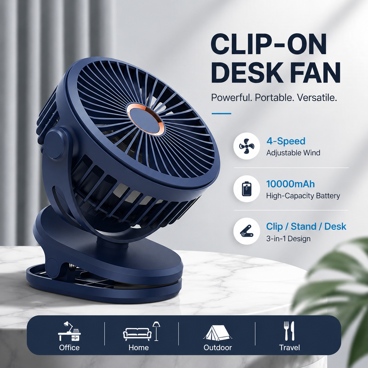 Rechargeable Clip-On Portable Desk Fan 4-Speed Quiet 10000mAh Battery