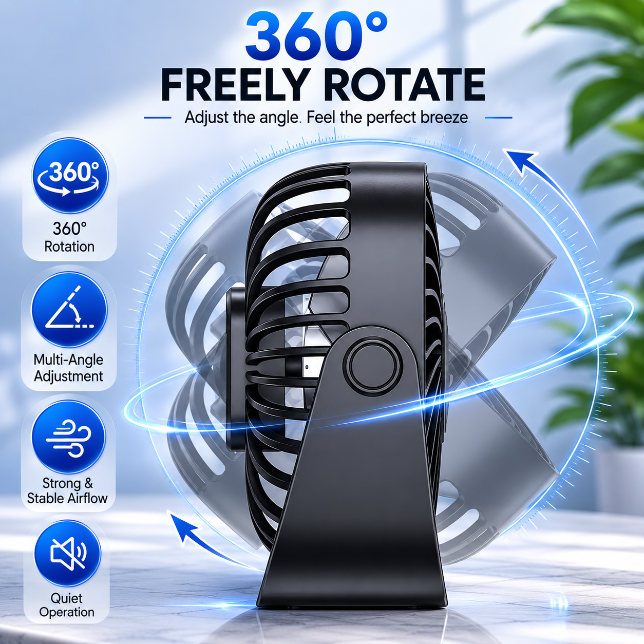 USB Mini Portable Desk Fan 4 Inch 3 Speed Quiet 360 Adjustable