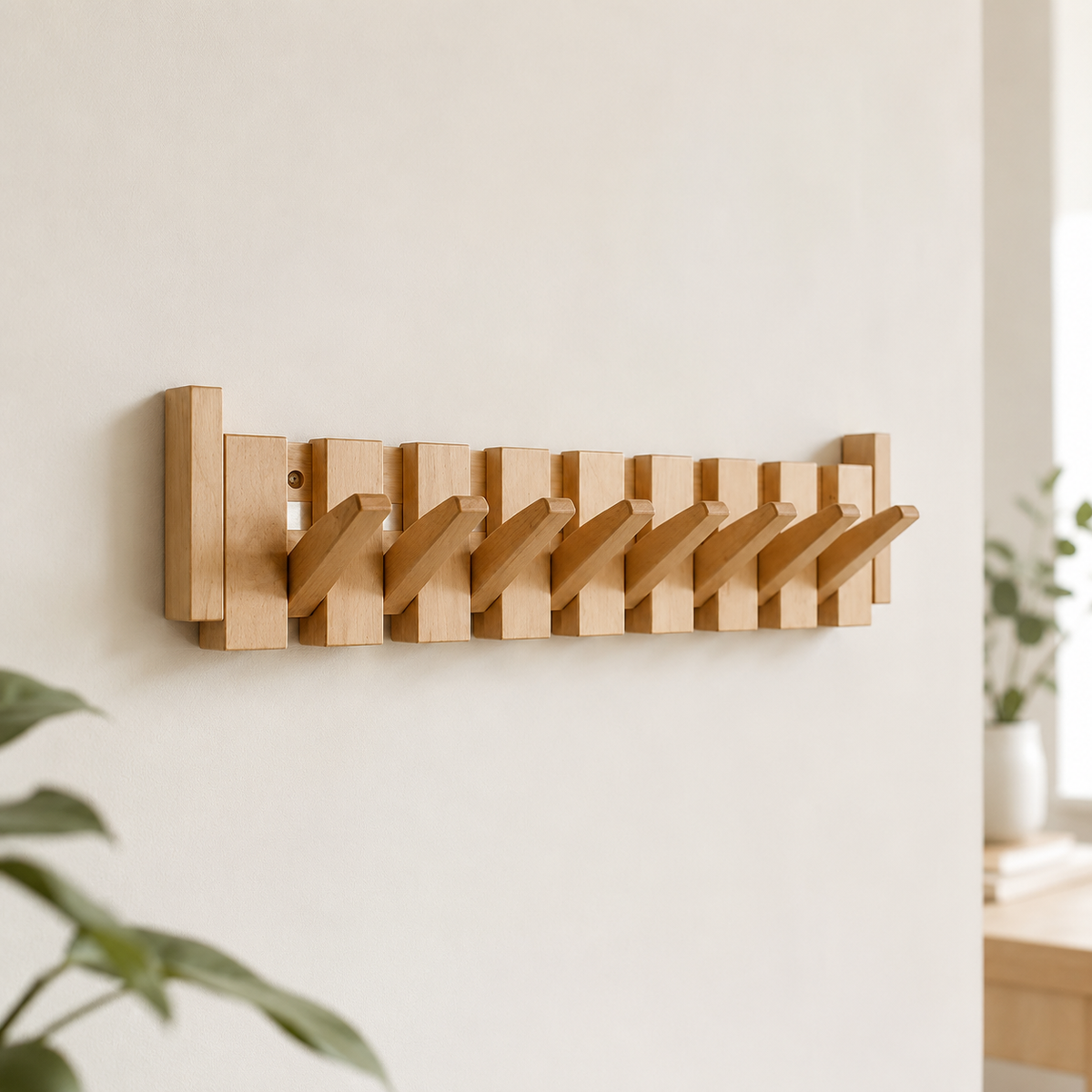 Wooden Coat Rack Wall Mounted Piano-Style Hooks