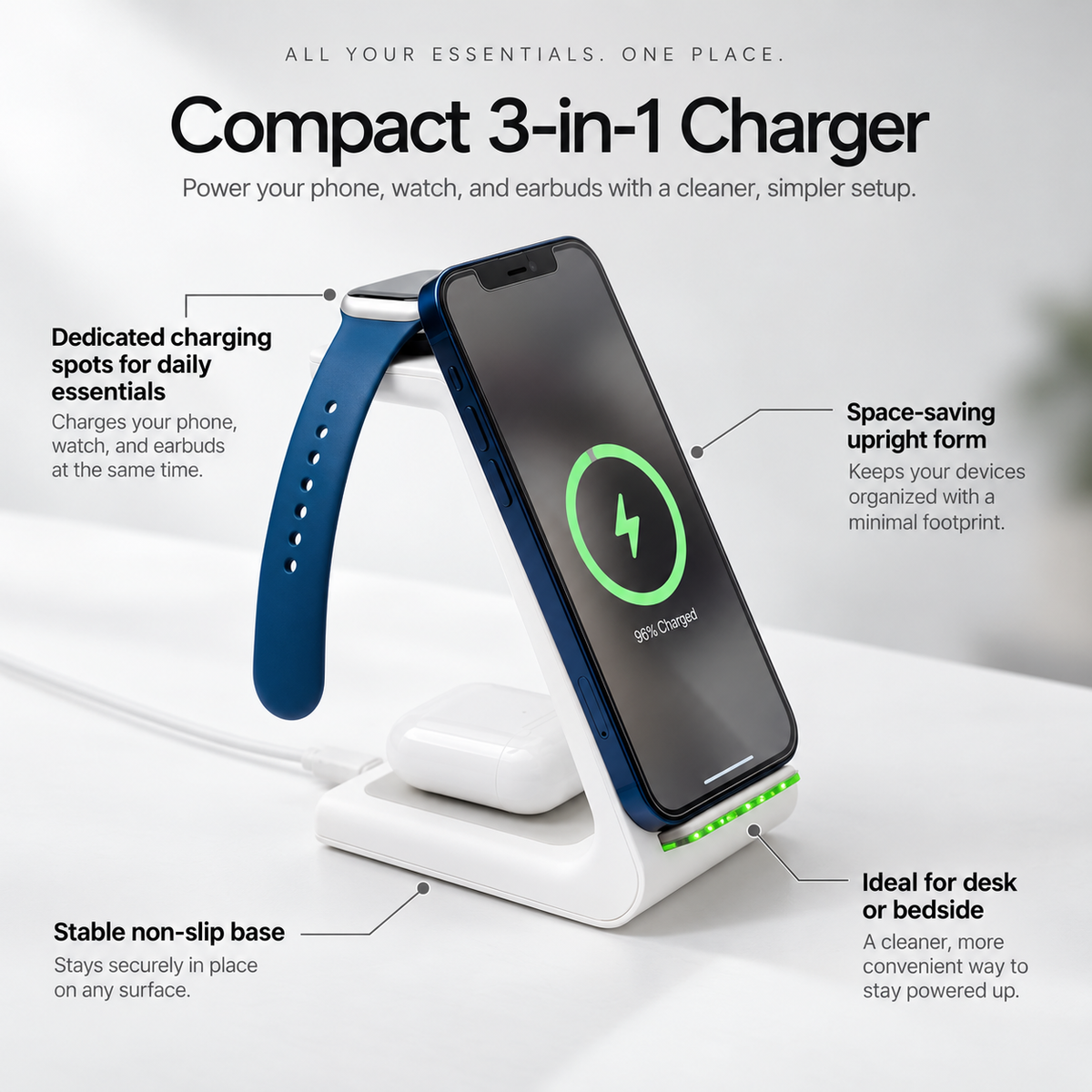 3 in 1 Wireless Charging Station Fast Charger for Phone Watch