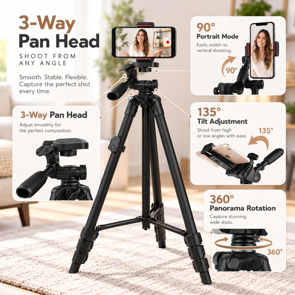 Phone Tripod Selfie Stick with Bluetooth Remote Extendable Stand