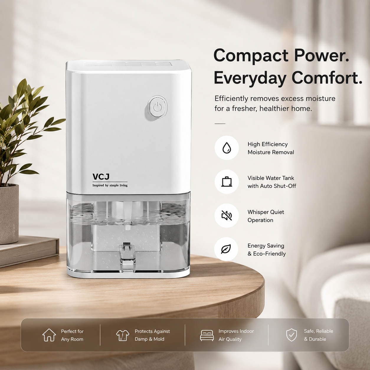 Electric Home Dehumidifier, Quiet Compact Moisture Remover for Bedroom, Bathroom & Basement