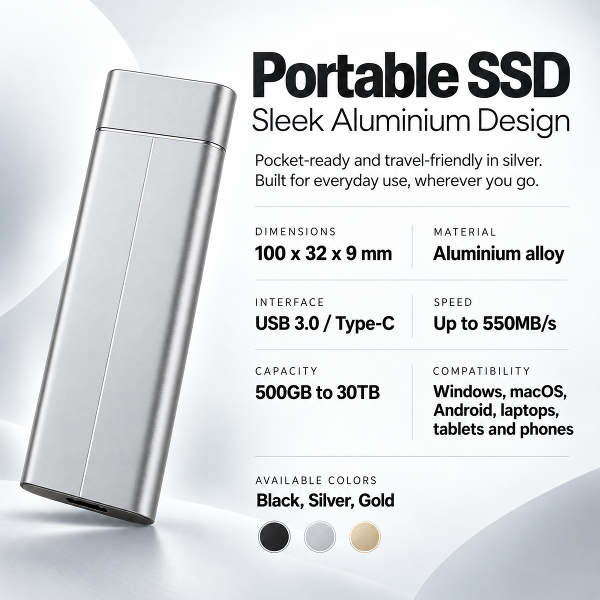 Portable SSD External Hard Drive USB C for MacBook Laptop Phone