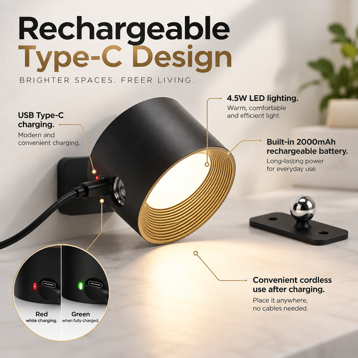 Wireless Rechargeable Wall Light 360 Rotating LED Touch Control