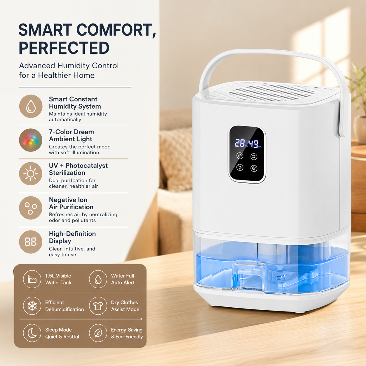 Compact Mini Dehumidifier, Quiet Portable Moisture Absorber for Bedroom & Bathroom