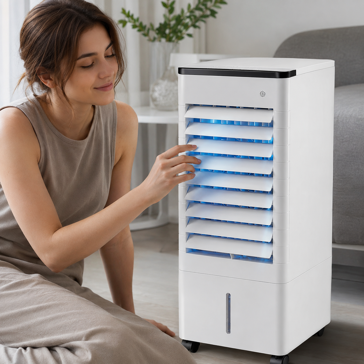 Smart Vertical Air Cooler, Voice-Controlled Evaporative Cooling Fan with Circulating Airflow