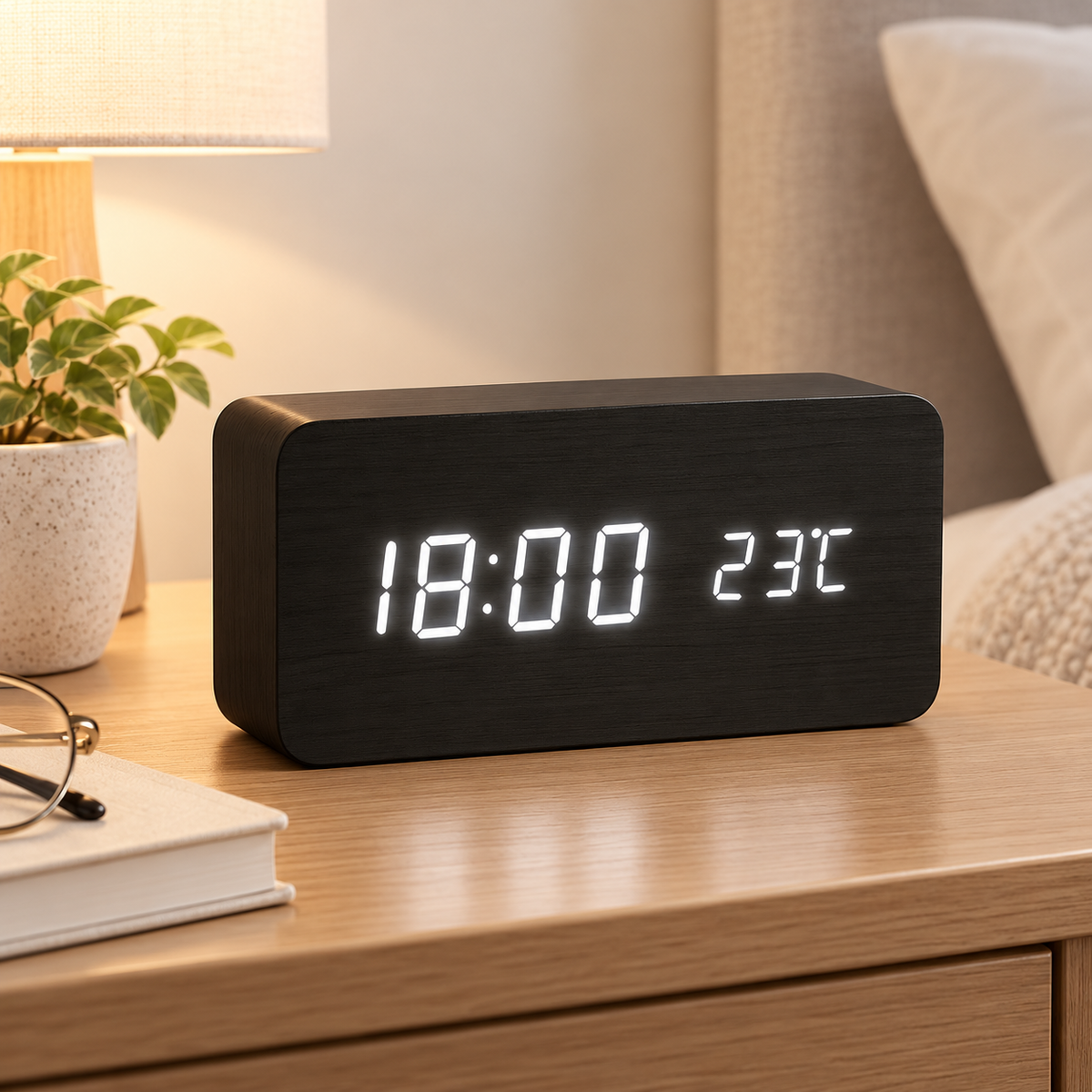 Digital LED Wooden Clock Modern Alarm Clock for Bedroom