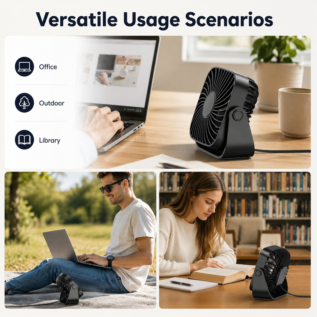 USB Mini Portable Desk Fan 4 Inch 3 Speed Quiet 360 Adjustable