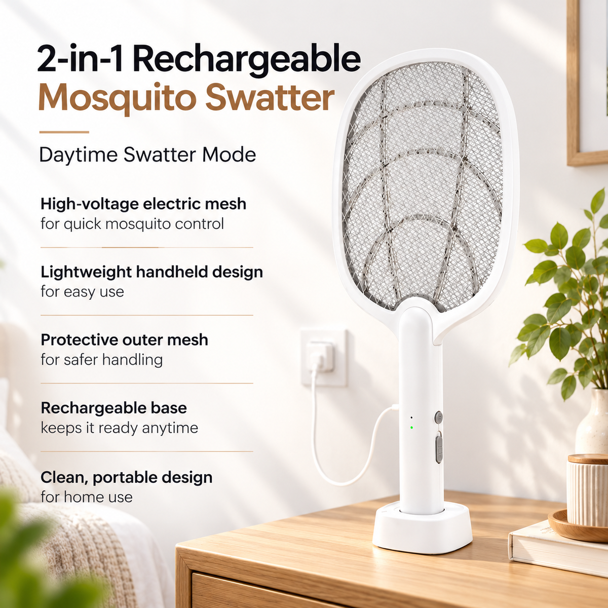 Electric Mosquito Swatter Bug Zapper Racket 2500V Rechargeable