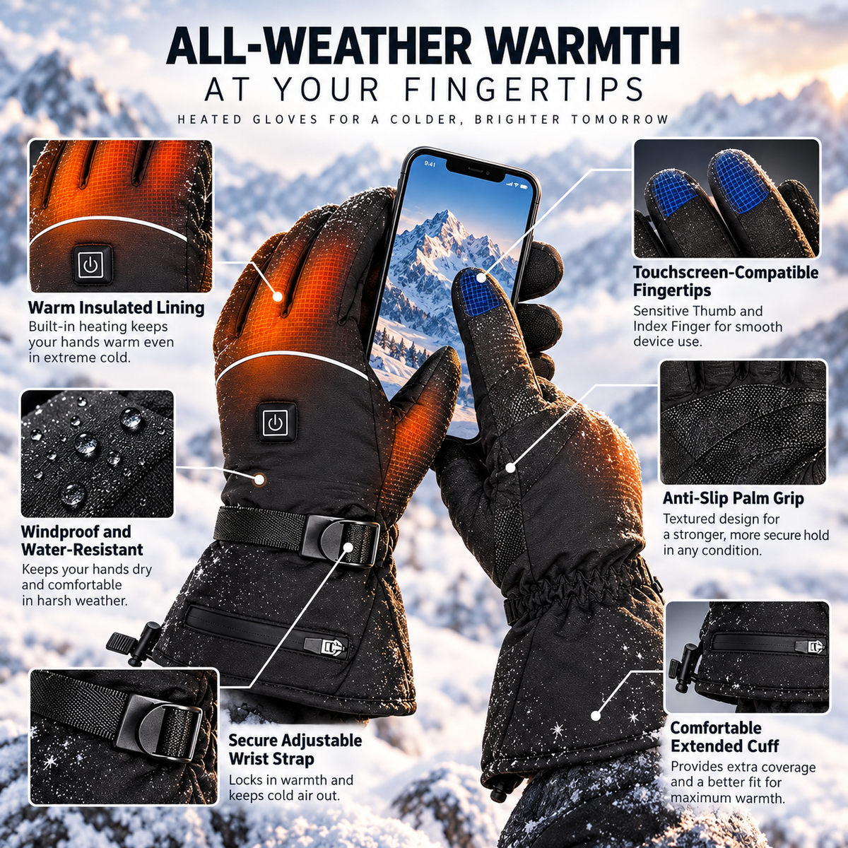 Heated Gloves Waterproof Rechargeable Thermal Winter Hand Warmers