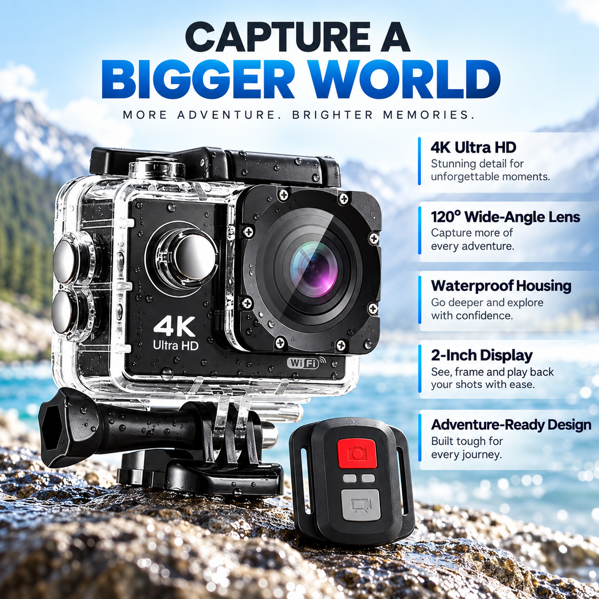 4K Ultra HD Action Camera Waterproof WiFi for Vlogging Sports