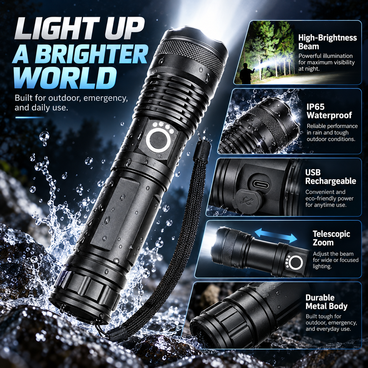 90000 Lumen LED Torch Rechargeable Zoomable Waterproof Flashlight