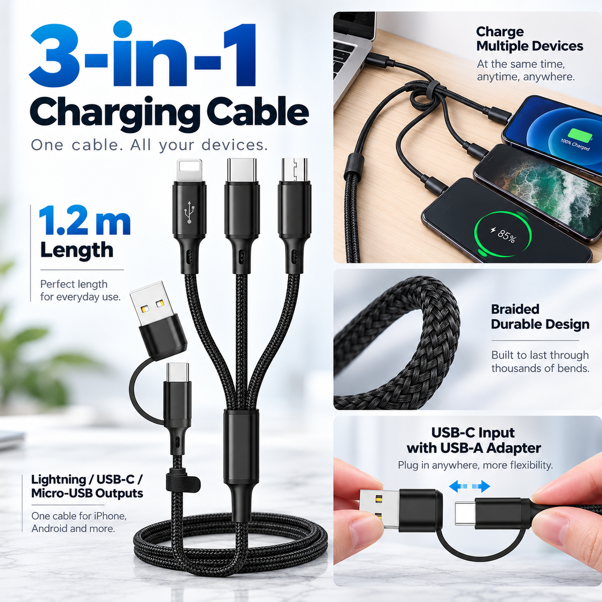 3 in 1 Charging Cable Multi USB Fast Charging Cord