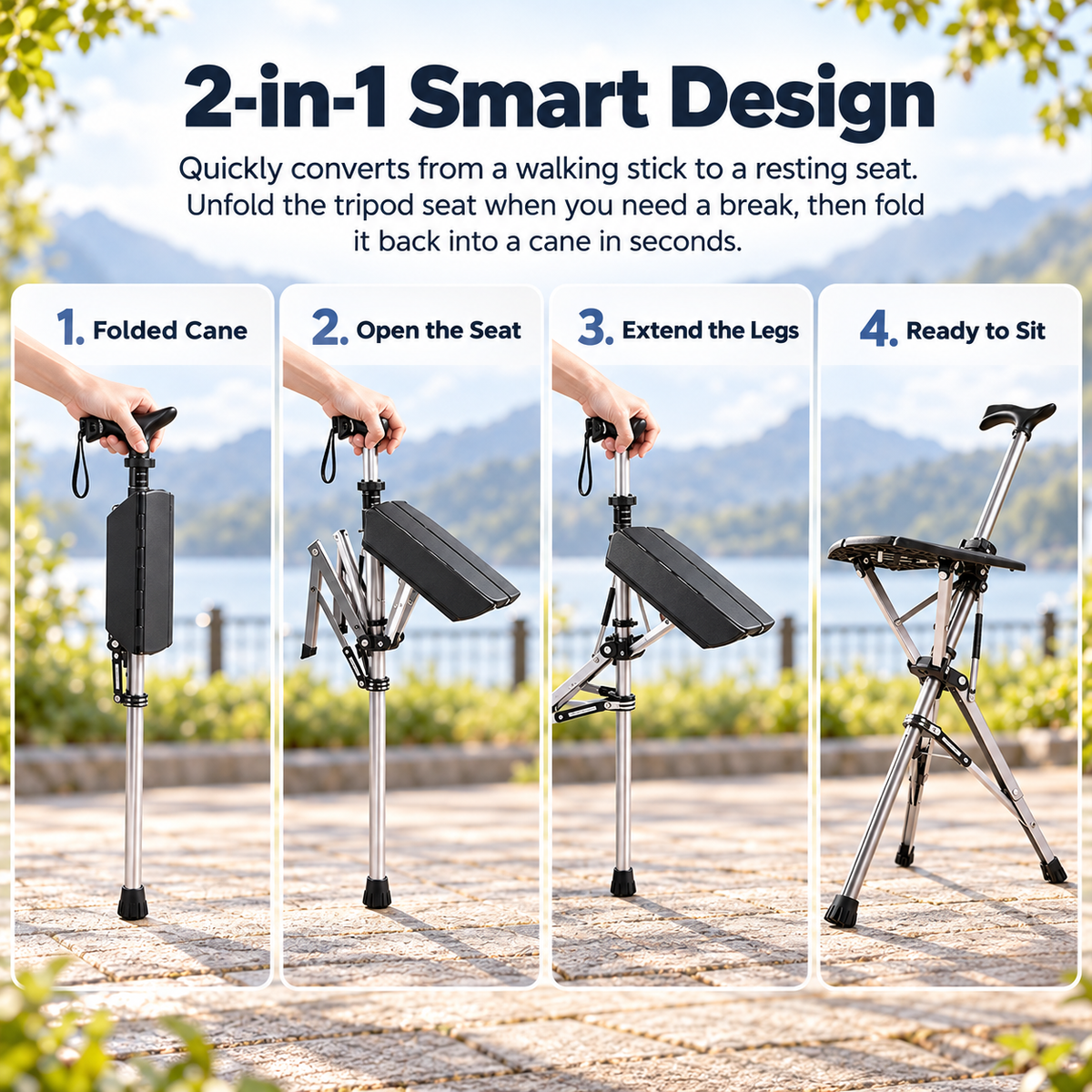 Walking Stick with Seat Folding Cane Chair Portable Mobility