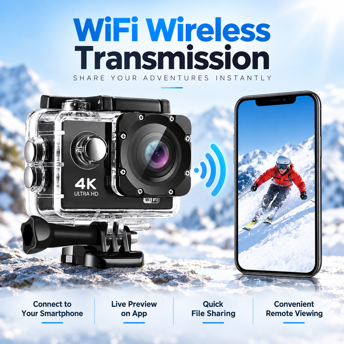 4K Ultra HD Action Camera Waterproof WiFi for Vlogging Sports