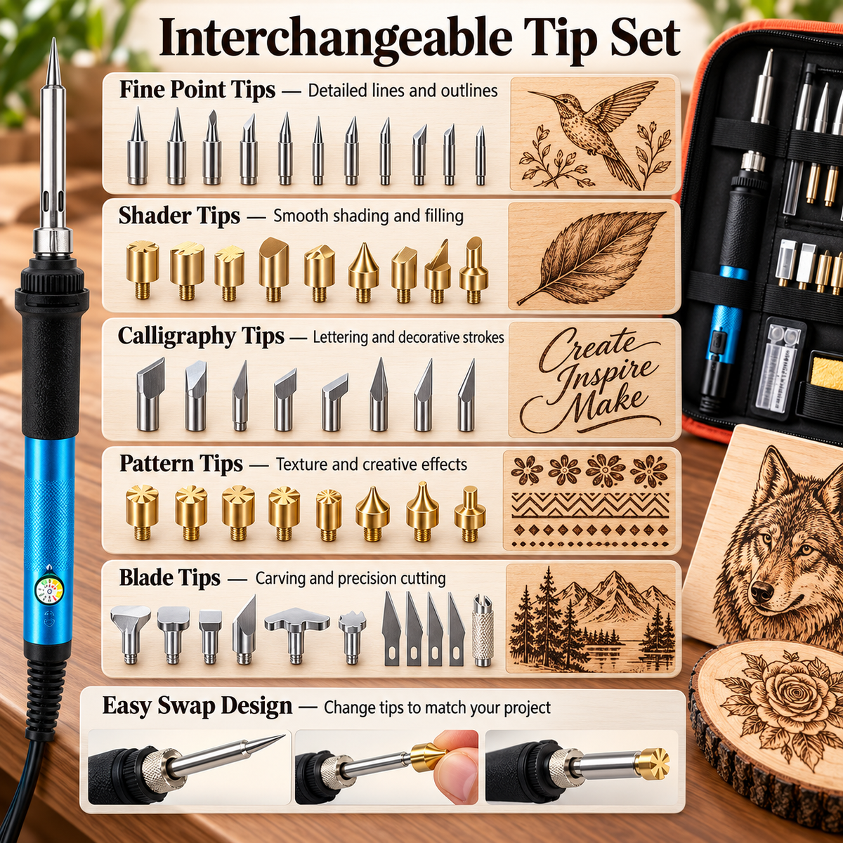 Pyrography Wood Burning Kit Pen Set with Tips for Crafts