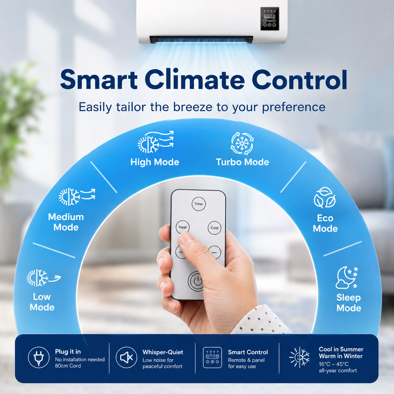 Portable Wall Mounted Air Conditioner with Remote Control Cooling Fans