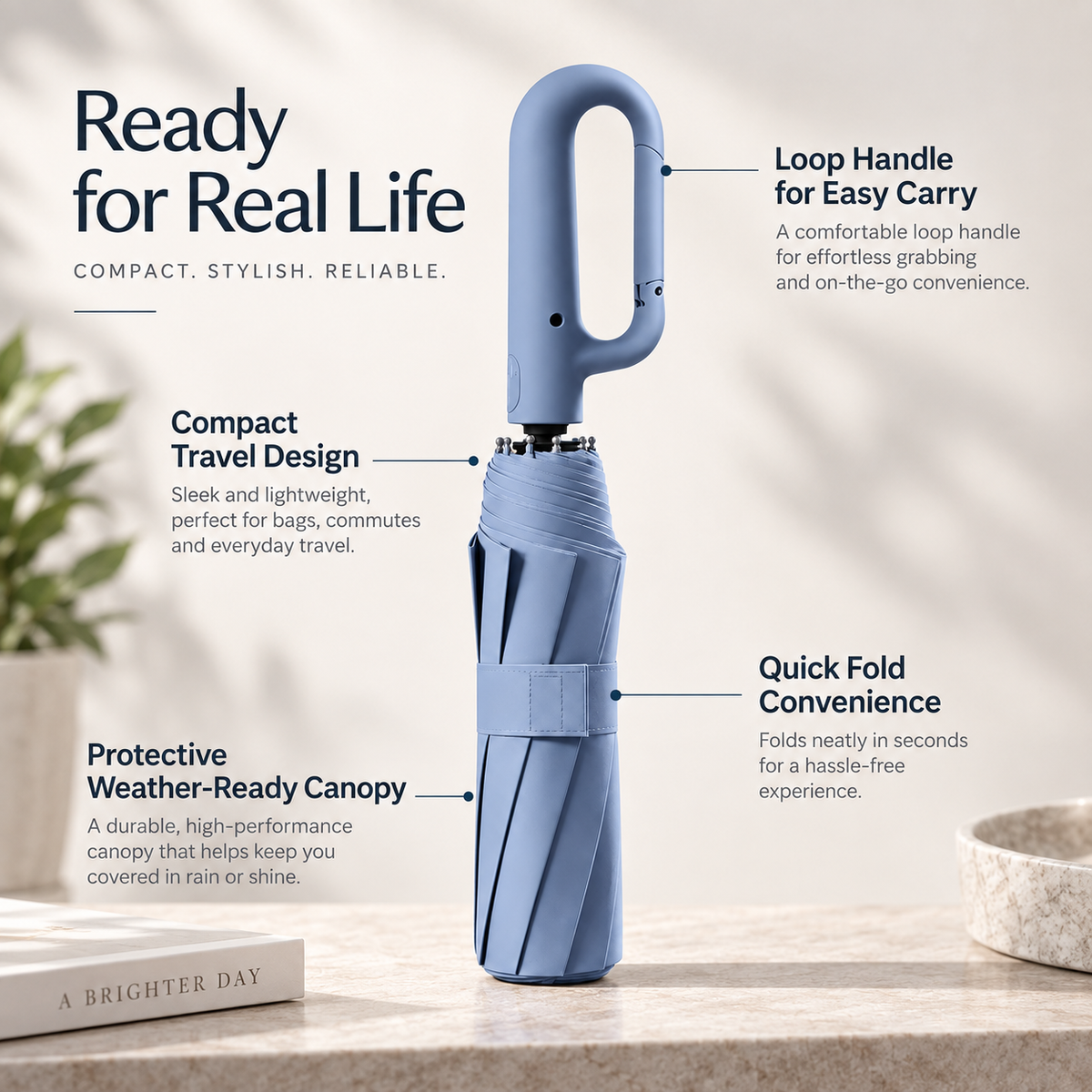 Windproof Automatic Folding Umbrella Compact with Clip Handle