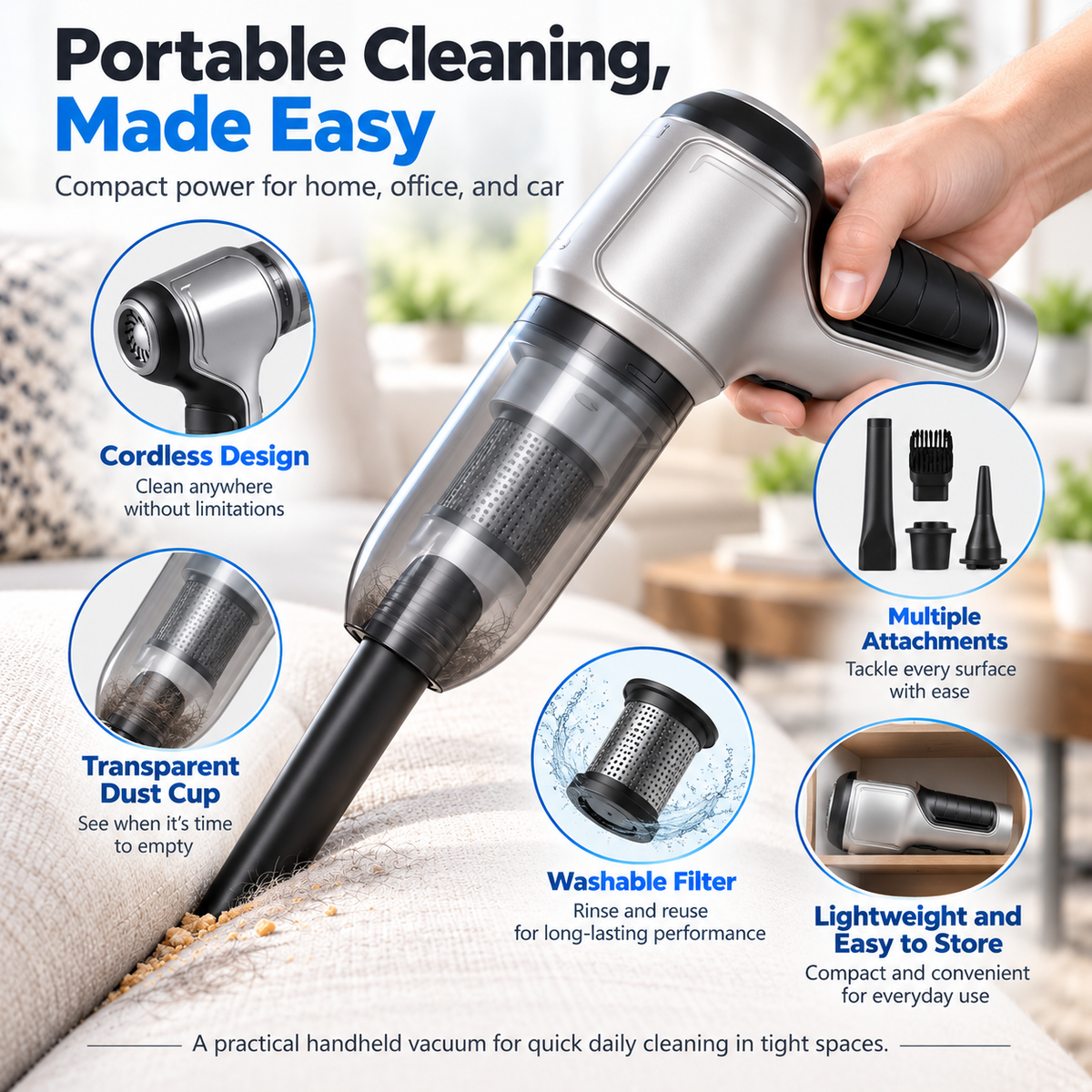 Cordless Handheld Vacuum Cleaner 15000Pa for Home and Car