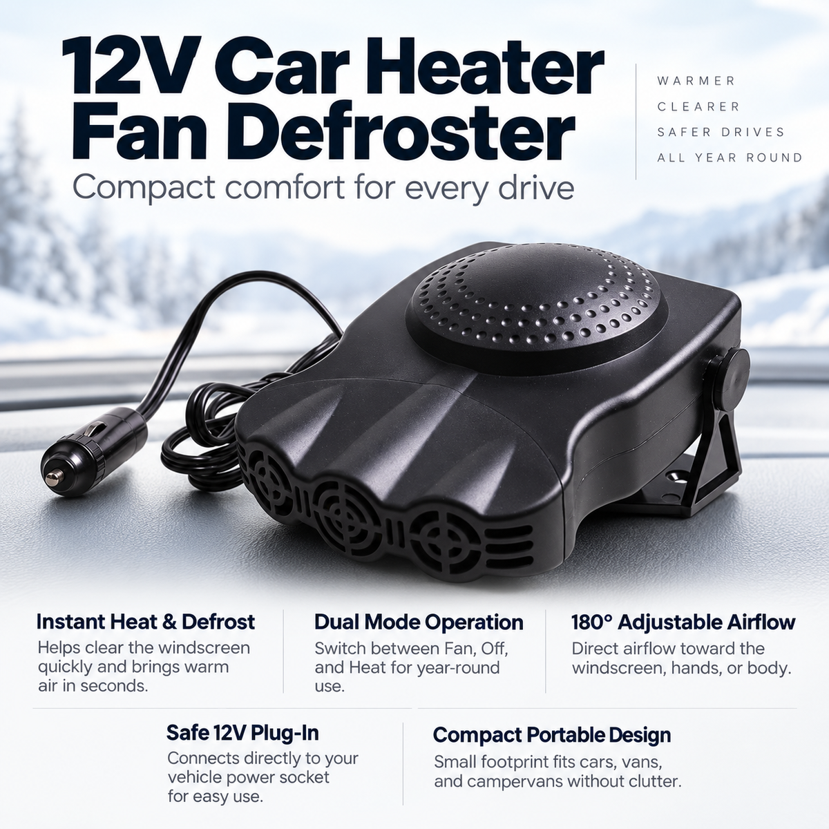 Portable Car Heater 12V Plug In Windscreen Defroster Demister