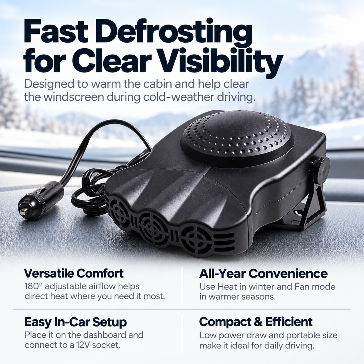 Portable Car Heater 12V Plug In Windscreen Defroster Demister
