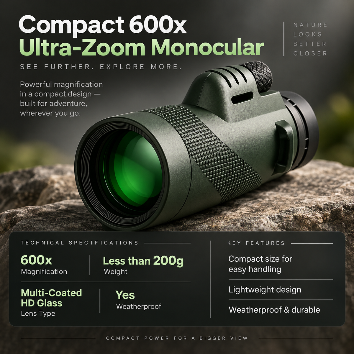 Compact 600x Monocular Telescope HD Zoom for Hiking Birdwatching