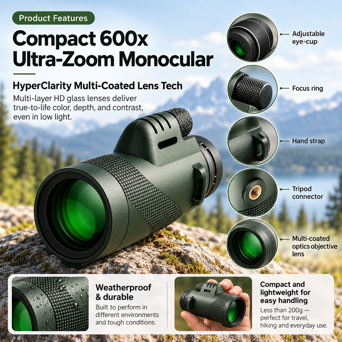 Compact 600x Monocular Telescope HD Zoom for Hiking Birdwatching