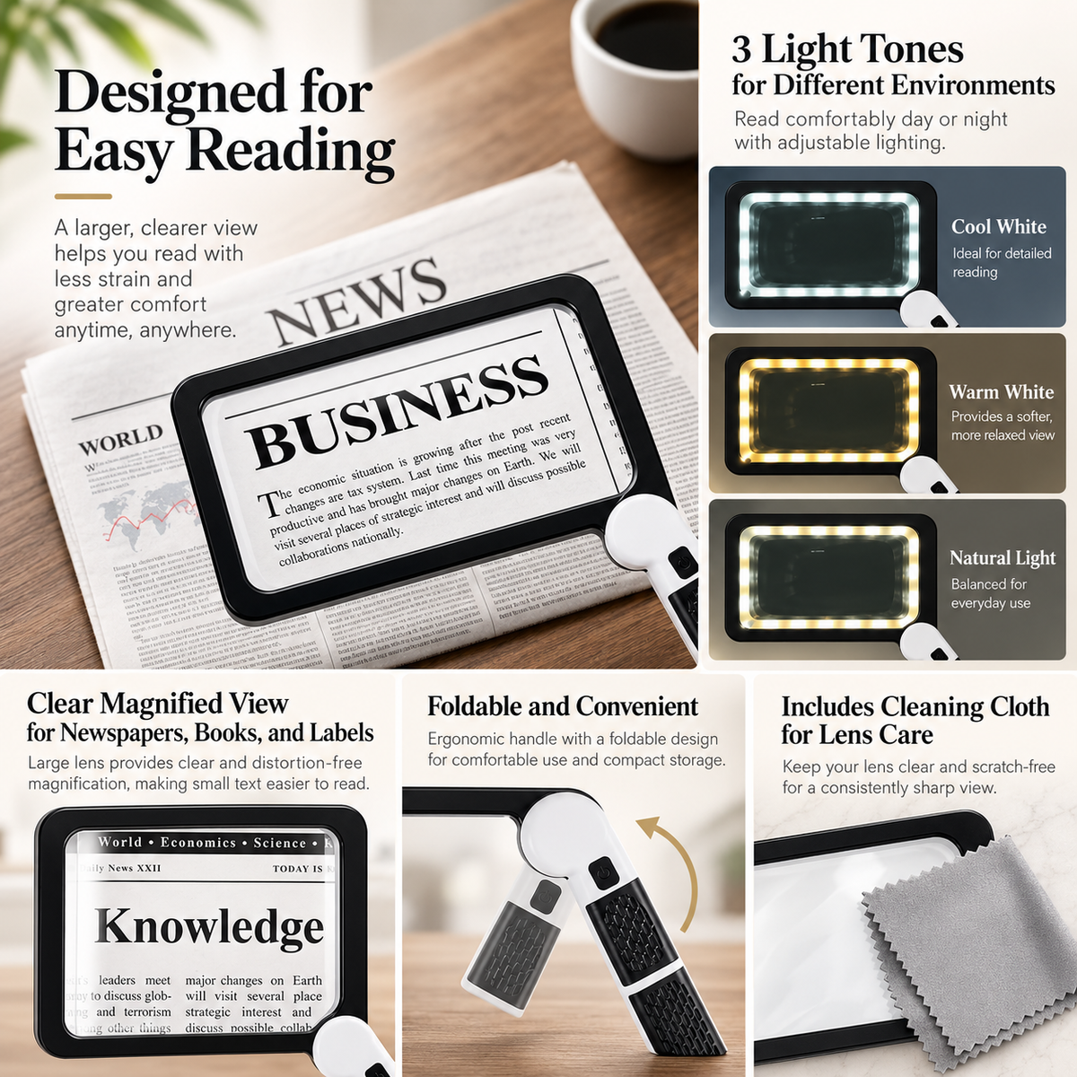 Full Page Magnifying Glass 5X LED Lighted Magnifier for Reading