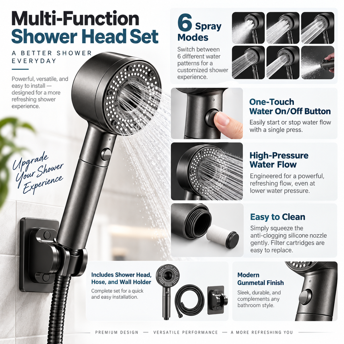 High Pressure Shower Head Filtered Water Saving 5 Mode Spray