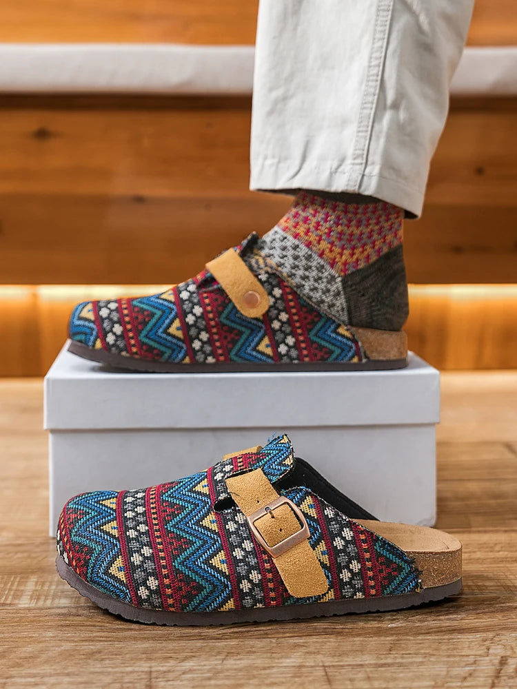 Men's Ethnic Print Cork Clog Mules