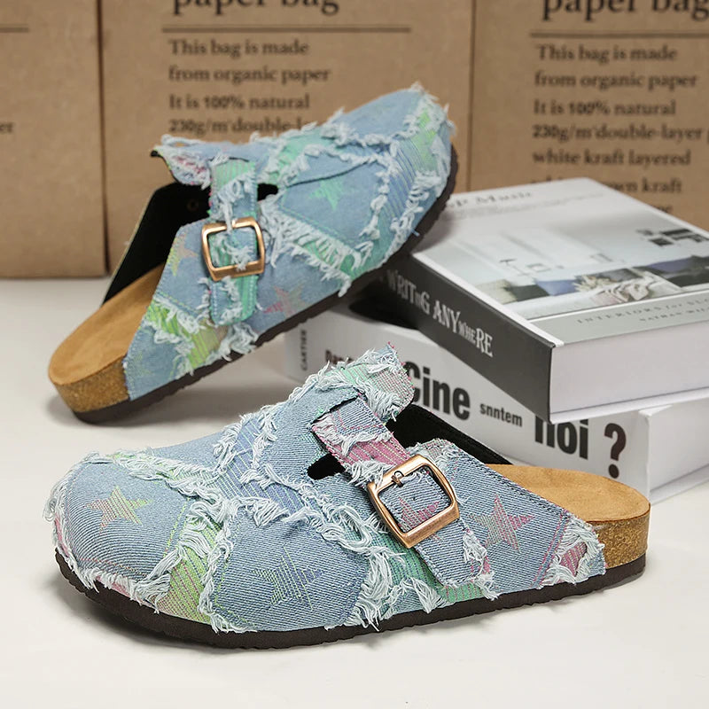 Denim Star-Print Cork Clog Mules – Unisex