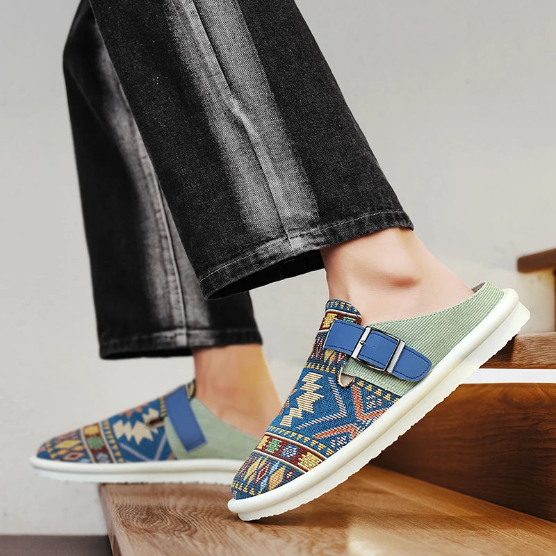 Men's Aztec Canvas Buckle Clog Mules